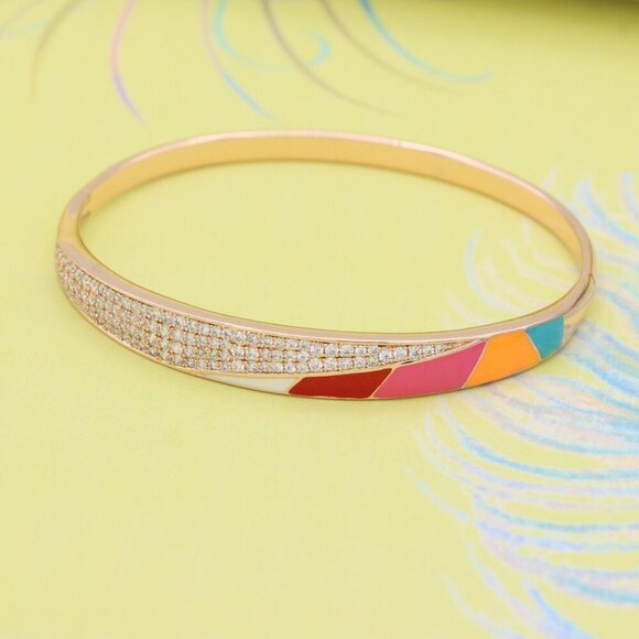 Rose Gold Bangle with Colorful Enamel and Sparkling CZ Stones, XPBL0429 - Picture 3 of 9